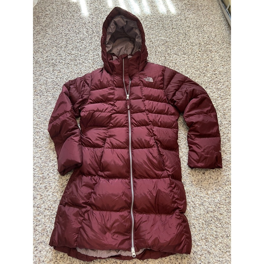 North Face Long Quilt Goose Down Hoodie Girl's Jacket Size XL(18) Burgundy